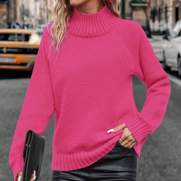 Hot Pink Casual Women's Stand Collar Raglan Sleeve Knit Pullover Sweater - Picture 4 of 8